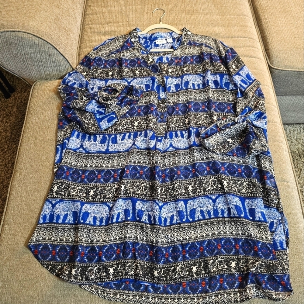 Cato Blue Black Print Casual Office Career Sheer Popover Blouse Size 26/28